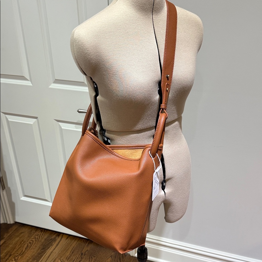 Camel Tan Pebbled Faux Leather Slouchy Hobo Bag with Link Detail